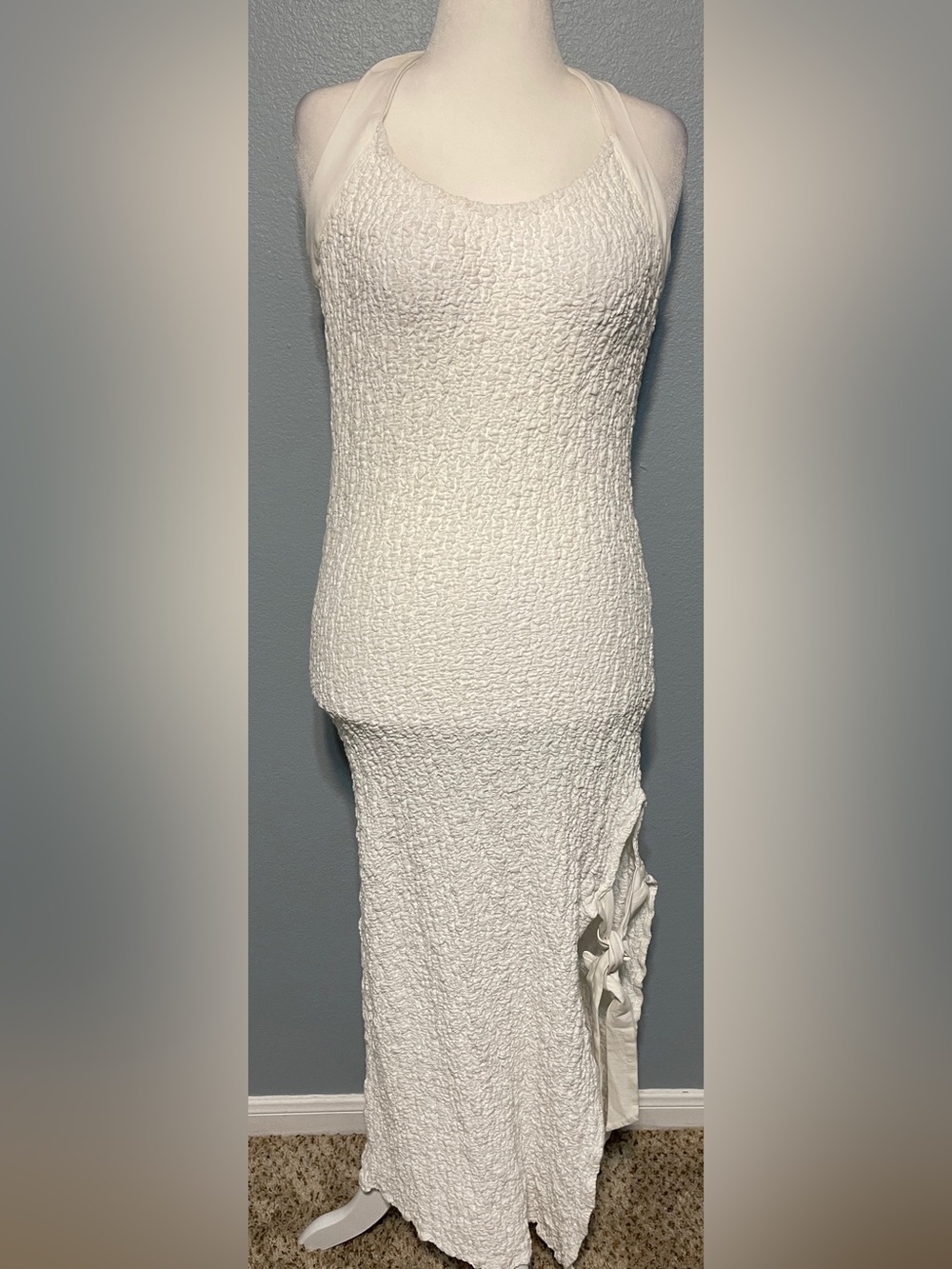 Free-Est Free People White Textured Halter Midi Dress Side Cutout Beach Boho XL - Picture 2 of 10